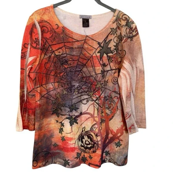 Halloween 3/4 Sleeve Tshirt Top Womens Size M Spiderweb Sparkle Orange Pumpkins - Picture 1 of 7